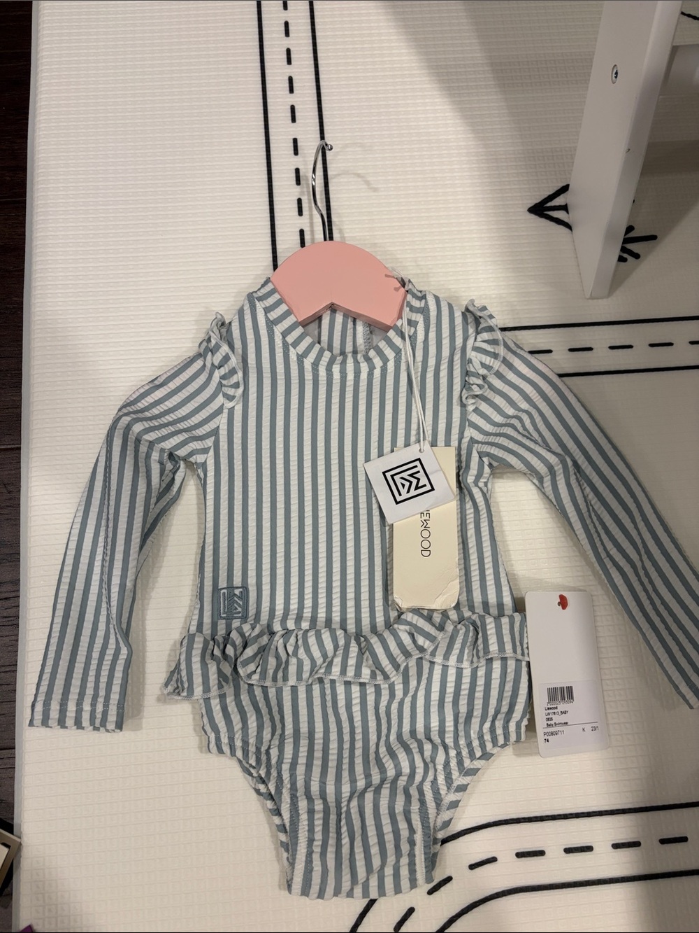 Liewood Seersucker Striped Ruffle Long Sleeve baby Swimsuit 9m - blue/White